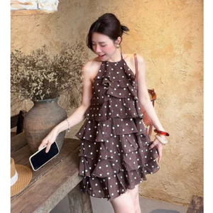 Đầm voan tơ cổ yếm dáng ngắn xếp tầng hoạ tiết chấm bi sang chảnh, Váy yếm sexy hở lưng cột nơ mặc đi du lịch, dạo phố