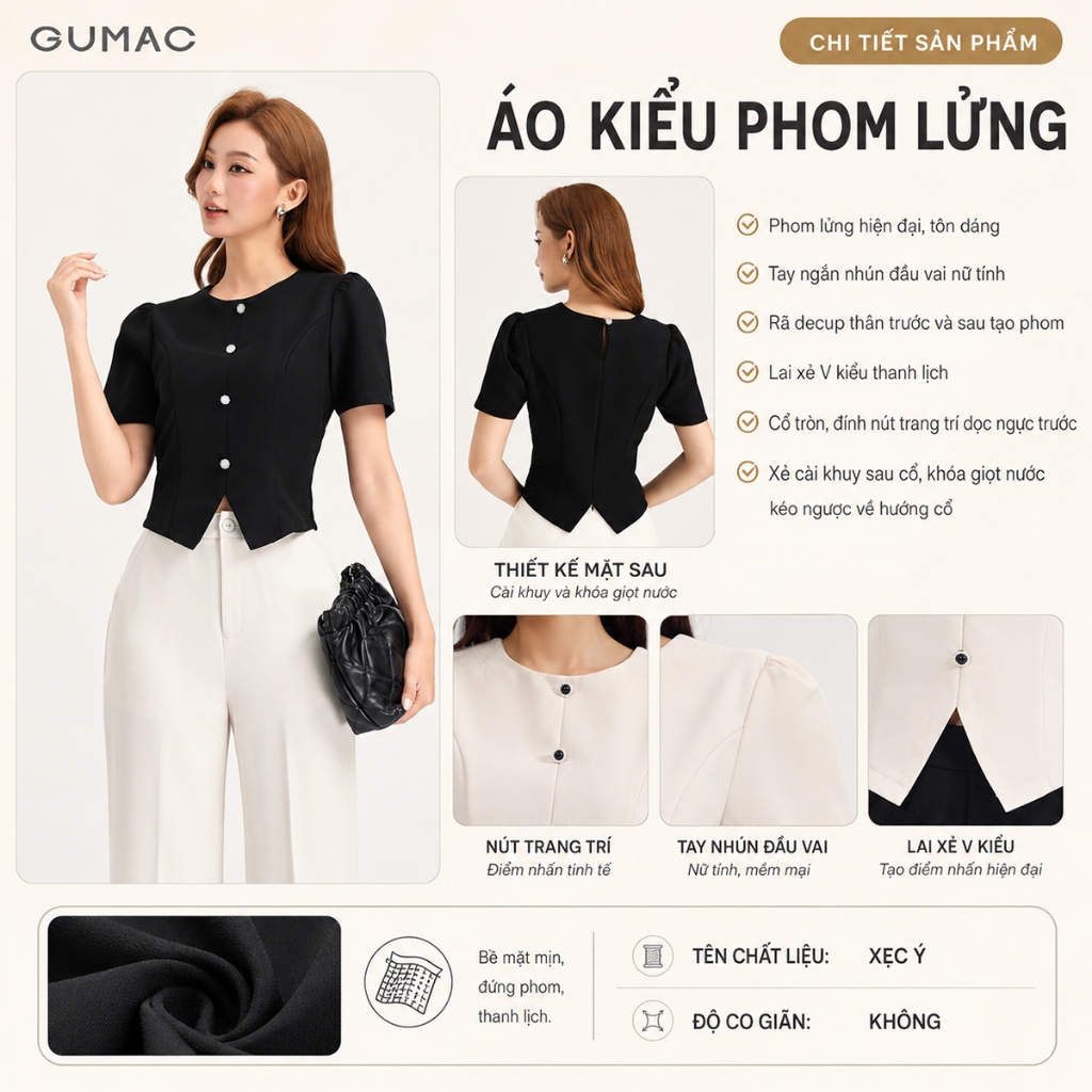 Áo Kiểu Nữ GUMAC Áo Kiểu Công Sở Dáng Lửng Lai Xẻ V Đính Nút Tôn Dáng Sang Trọng Vải Chéo Ý LAG0414