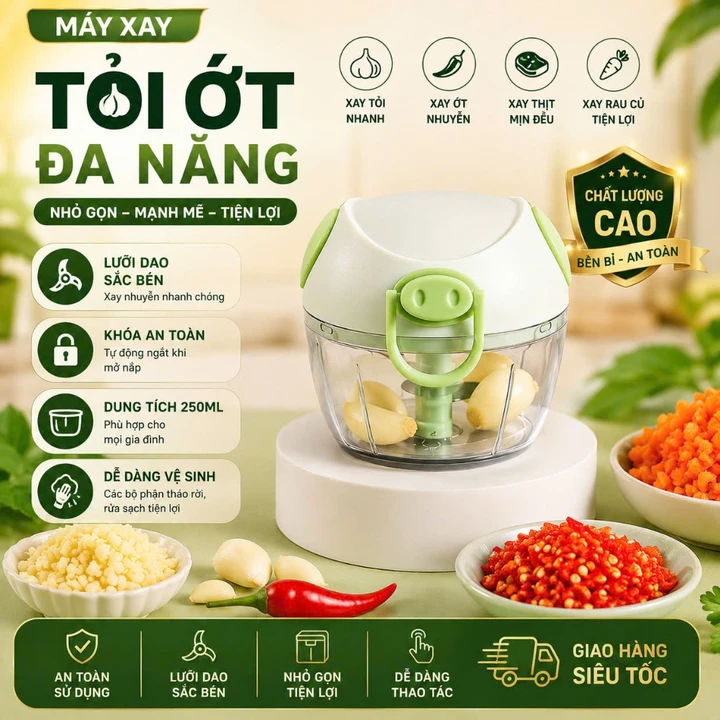 [ HỎA TỐC ] Máy xay tỏi ớt mini đa năng PTLUXURY 3 lưỡi dao kéo tay, xay tỏi ớt hành, xay rau củ quả