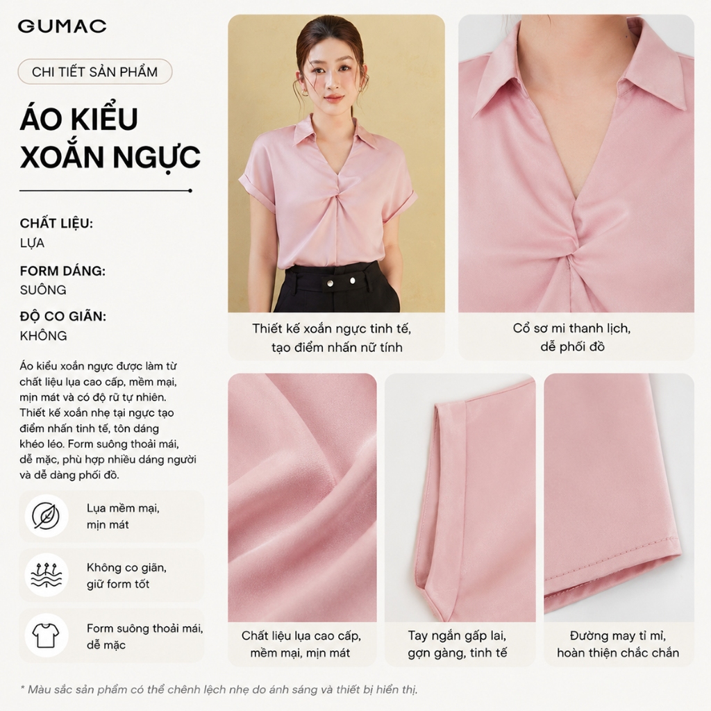 Áo Sơ Mi Nữ GUMACTay Ngắn Xoắn Ngực Chất Lụa Mềm Mát Thoải Mái Cả Ngày LAG05074