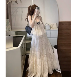 Set Áo chấm bi hai dây voan tơ phối bèo tầng đính nơ kèm chân váy maxi dài xoè, Set tiểu thư đi du lịch sang chảnh