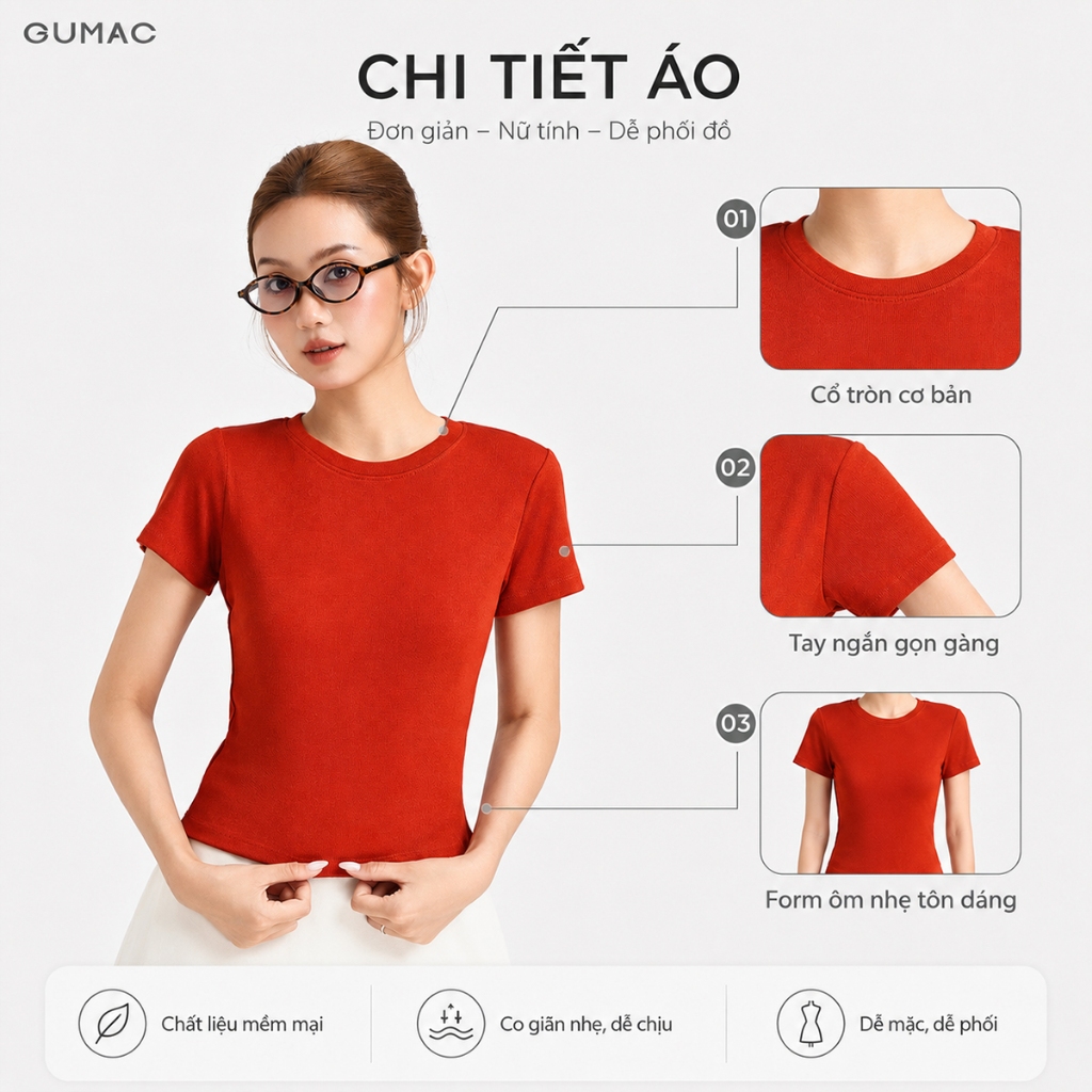 Áo Thun Nữ Baby Tee GUMAC - Áo Phông Nữ Form Ôm Cổ Tròn Chất Thun Gân Co Giãn Tôn Dáng LATE0602