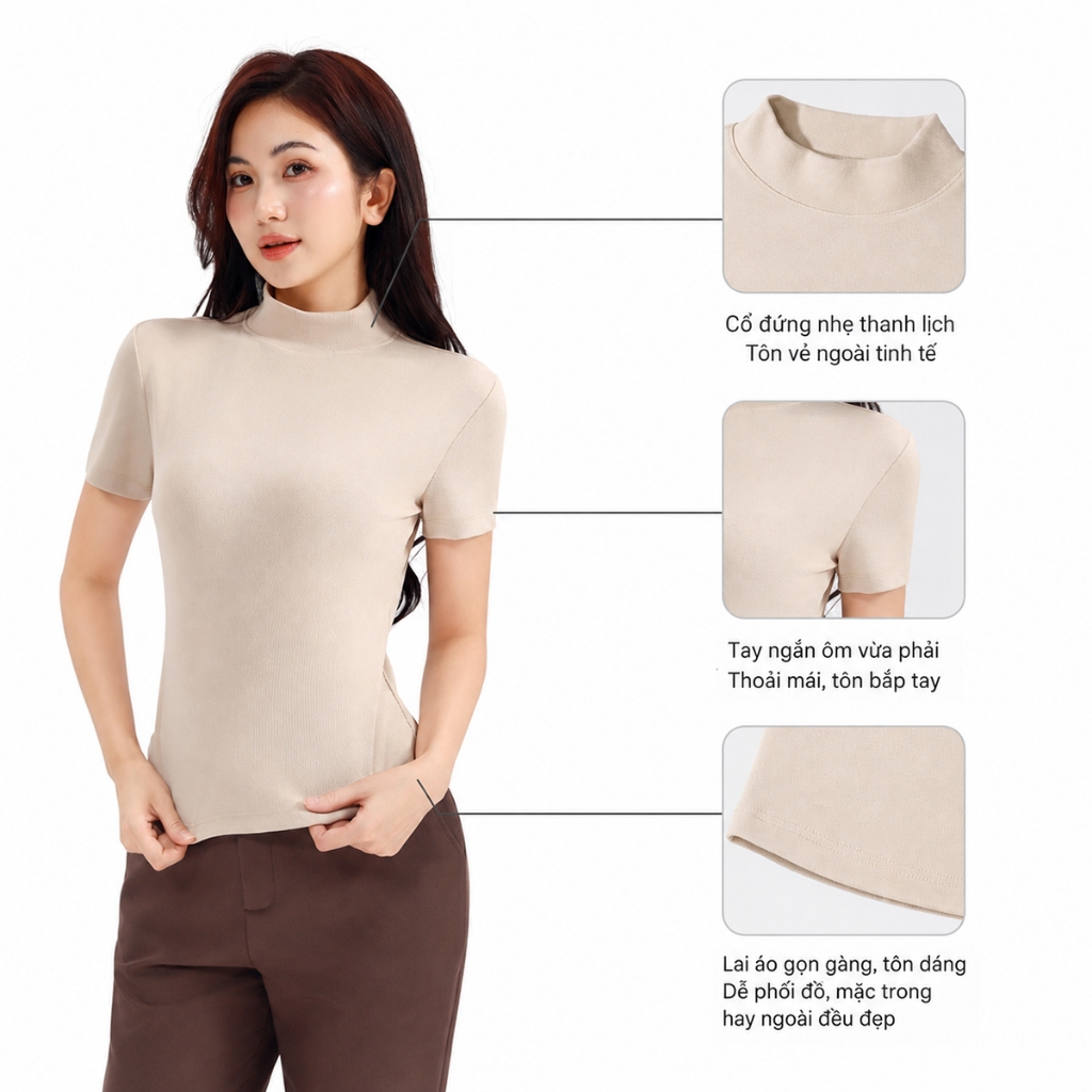 Áo Thun Cổ Lọ Nữ GUMAC Áo Thun Gân Tay Ngắn Phom Ôm Co Giãn Nhiều Tôn Dáng LATE1111