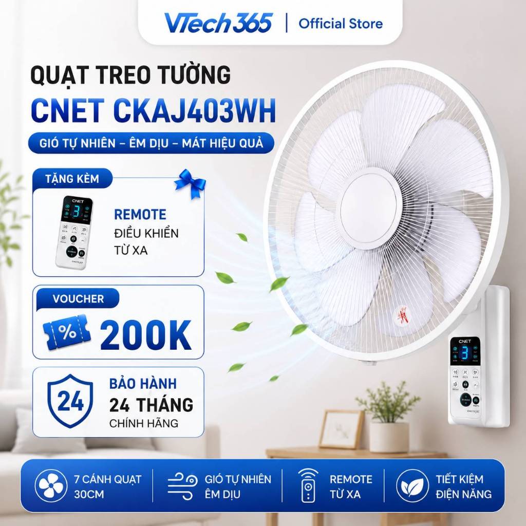 Quạt Treo Tường CNET CKAJ403WH, cảm biến chuyển động, nội địa Nhật Bản, giá đã bao gồm đổi nguồn gắn trong VTech365