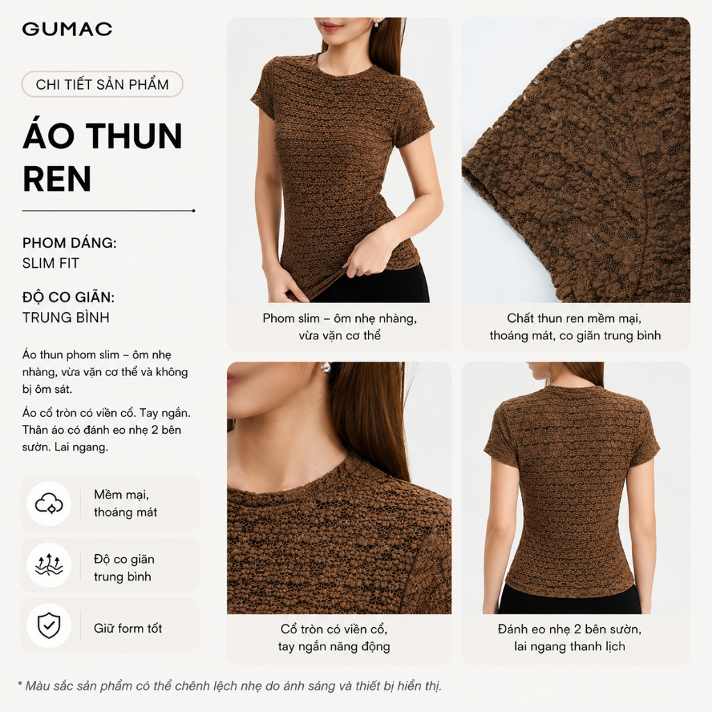 Áo Thun Ren Nữ GUMAC Áo Kiểu Công Sở Tay Ngắn Cổ Tròn Ôm Nhẹ Co Giãn Thiết Kế Sang Trọng Thanh Lịch LATF0918