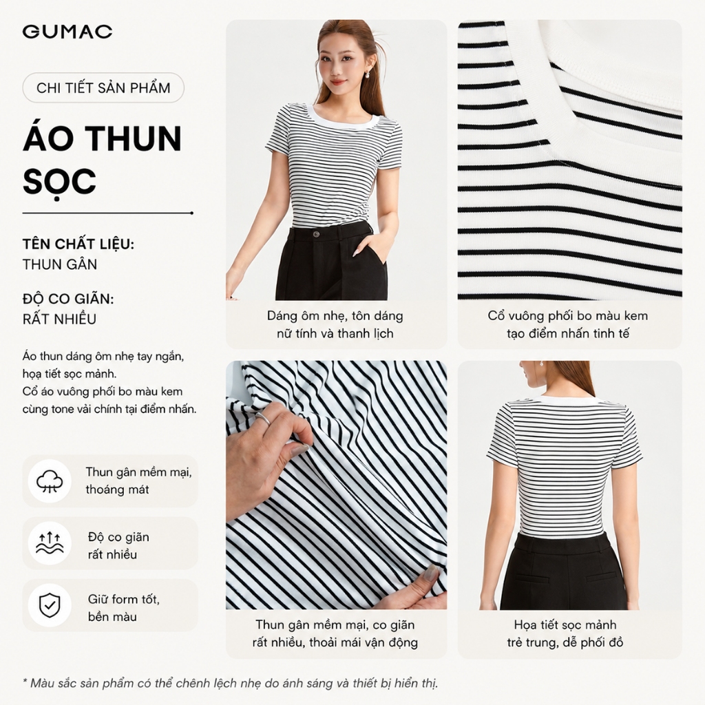 Áo Thun Cổ Vuông Nữ GUMAC Áo Phông Kẻ Sọc Ngang Dáng Ôm Chất Thun Gân Co Giãn LATG0407