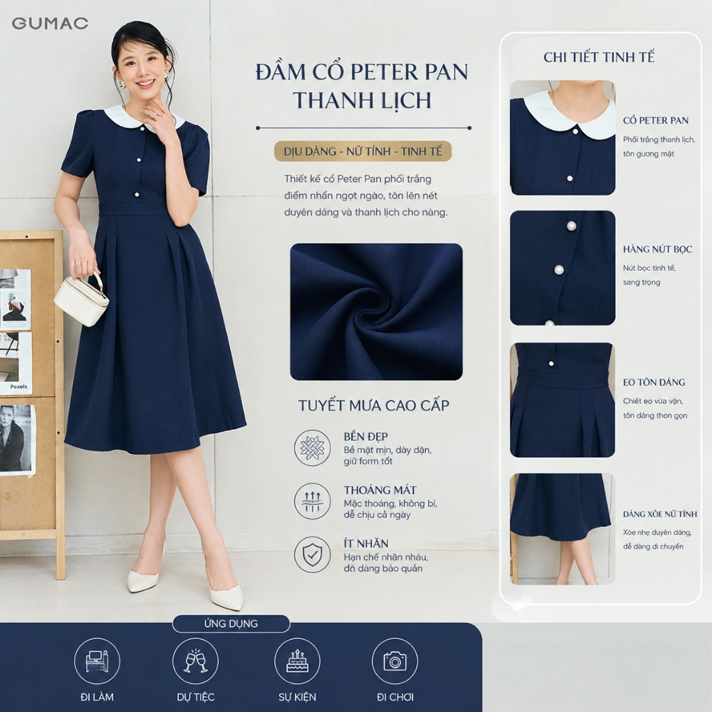 Đầm Chữ A Nữ GUMAC Váy Công Sở Xòe Phối Cổ Bâu Sen Tiểu Thư Có Túi Vải Cotton LDE0821