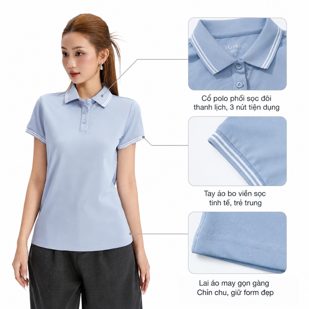 Áo Polo Nữ GUMAC - Áo Thun Cá Sấu Trơn Cổ Phối Viền Co Giãn Thanh Lịch Công Sở, Thể Thao LPLE0917 - 6109