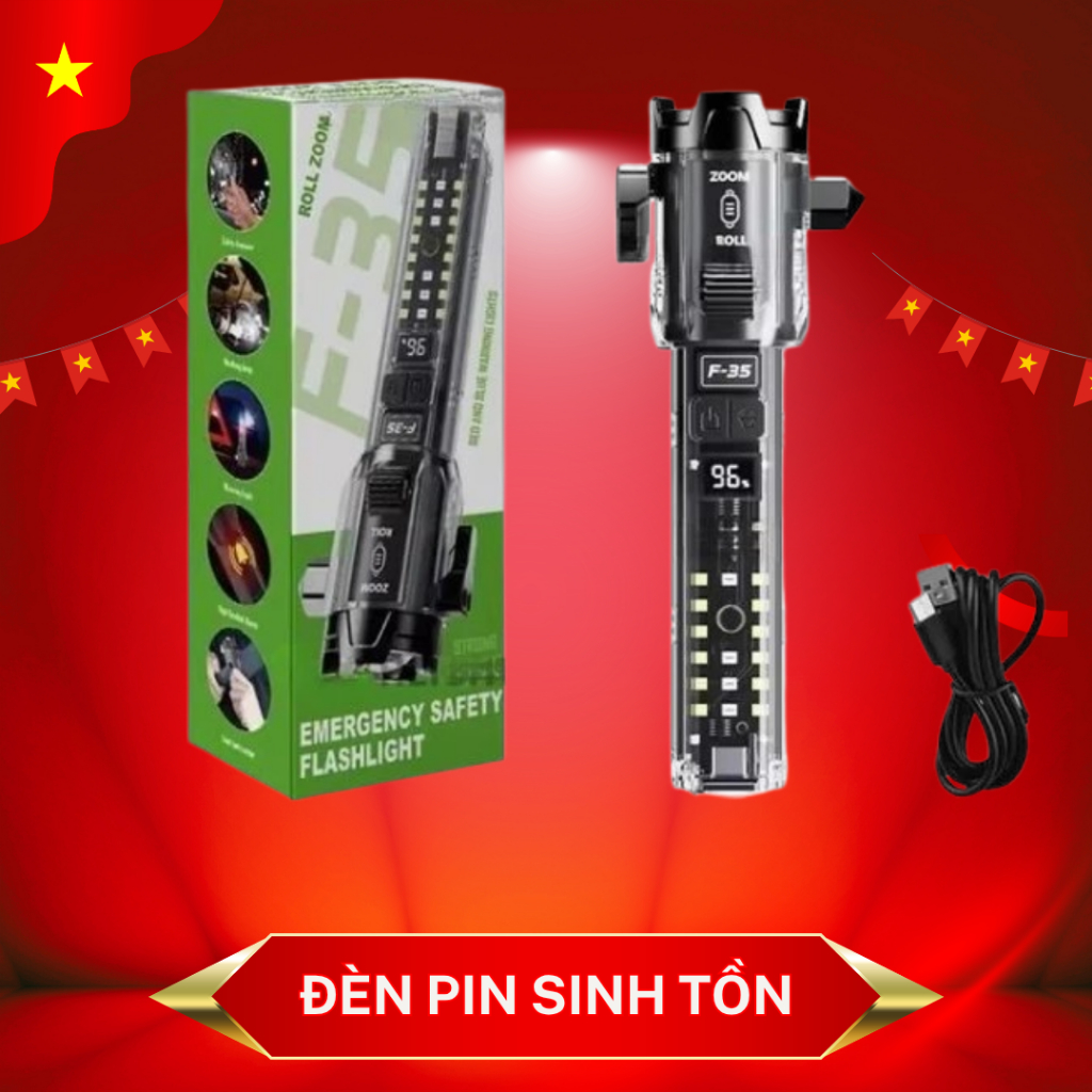 [BẢN CAO CẤP] Đèn Pin F35 LED Laser Siêu Sáng, Đèn Sinh Tồn Đa Năng Có Còi Báo Động, Cắt Dây & Phá Kính