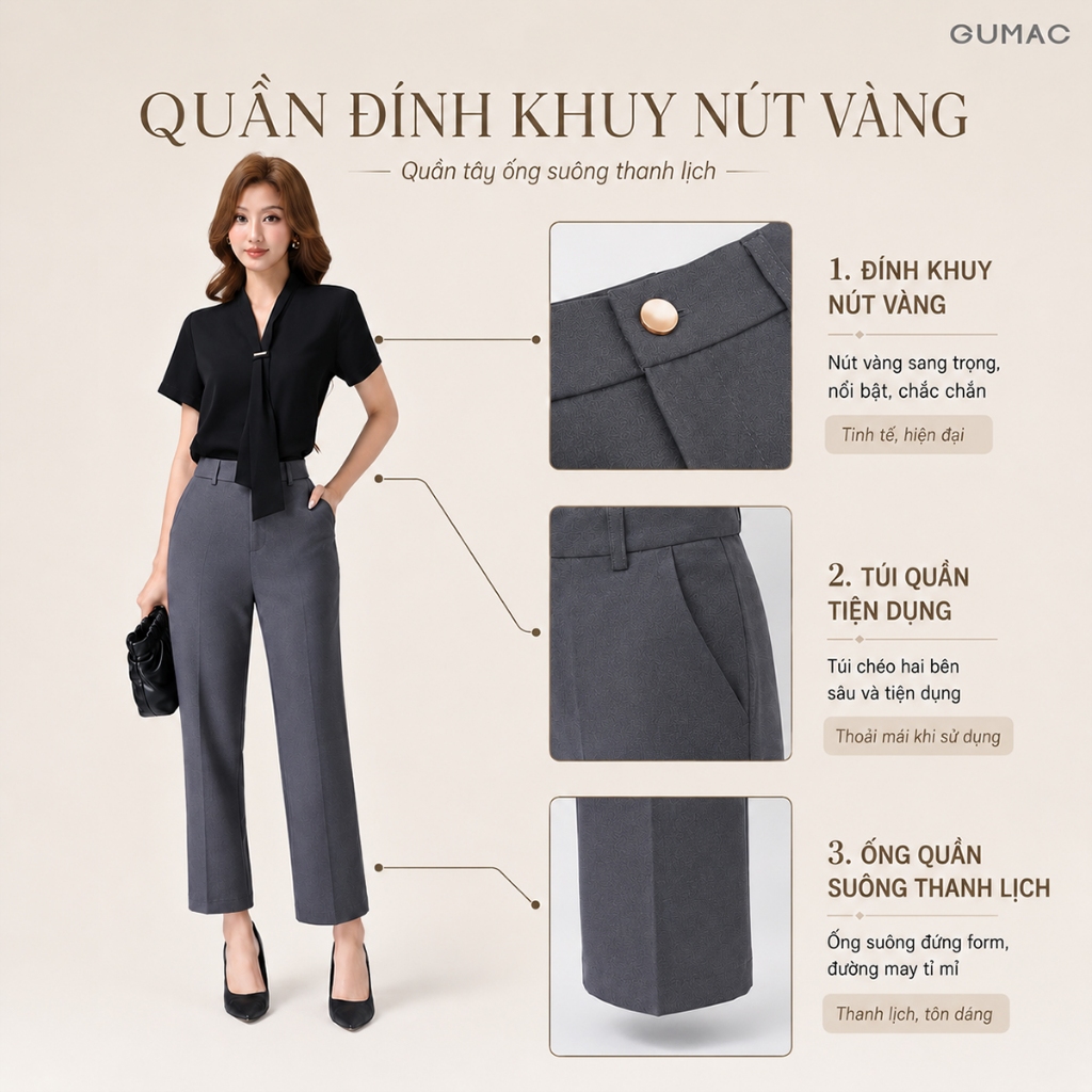 Quần Tây Nữ Ống Đứng 91cm GUMAC Quần Baggy Công Sở Lưng Cao Cài Khuy Chất Tuyết Mưa Cao Cấp LQE0819