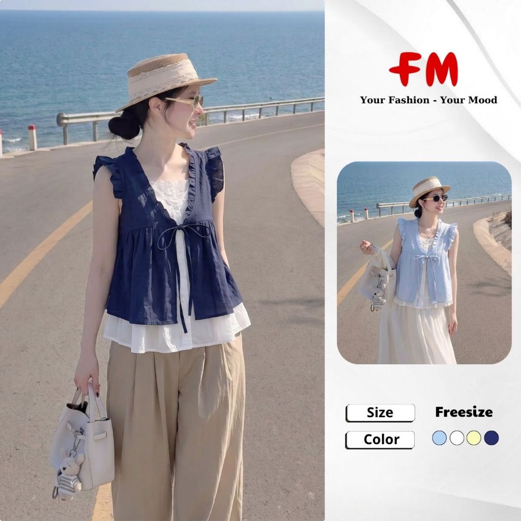 Áo Kiểu Nữ FMSTYLE Babydoll Sát Nách Phối Ren Cổ V Bèo Buộc Nơ Thanh Lịch 26050141