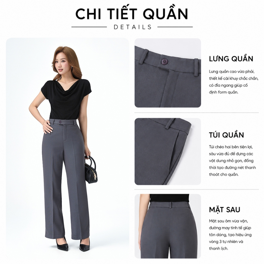 Quần Ống Suông Nữ 99cm GUMAC Quần Tây Công Sở Lưng Cao Cài Quai Dê Chất Tuyết Mưa Cạp Cao LQE1241