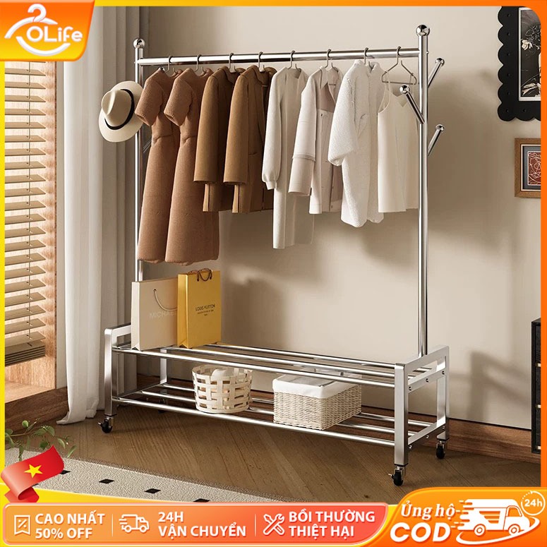 𝐎𝐥𝐢𝐟𝐞 Giá treo quần áo inox dày 2 tầng bánh xe độ chống gỉ giá phơi đồ đa năng chứa giày mũ túi cho phòng