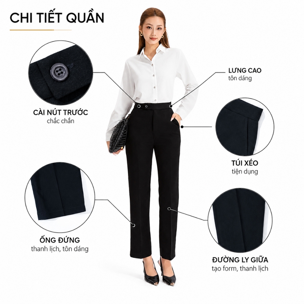 Quần Ống Đứng Nữ 95cm GUMAC Quần Tây Lưng Cao Quai Dê Chất Tuyết Mưa Công Sở Cạp Cao LQF0626