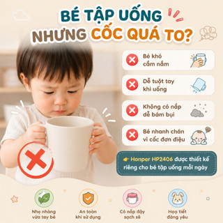 CỐC UỐNG NƯỚC HONPER HP2406 CÓ TAY CẦM NẮP ĐẬY 185ML – HỖ TRỢ BÉ TẬP UỐNG, MẸ AN TÂM MỖI NGÀY