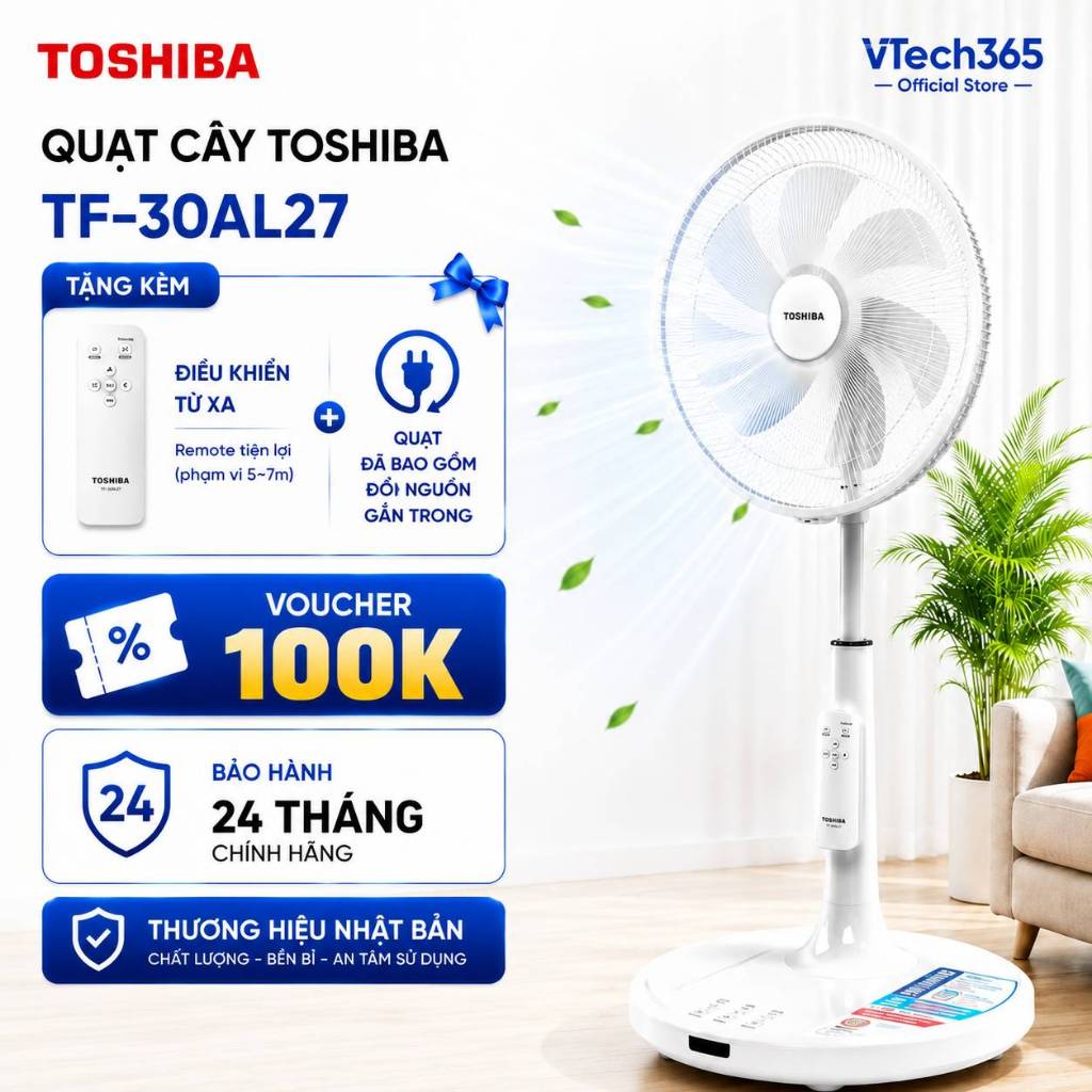 Quạt cây Toshiba TF-30AL27 nội địa Nhật Bản (đã kèm đổi nguồn gắn trong), Quạt đứng động cơ - VTech365