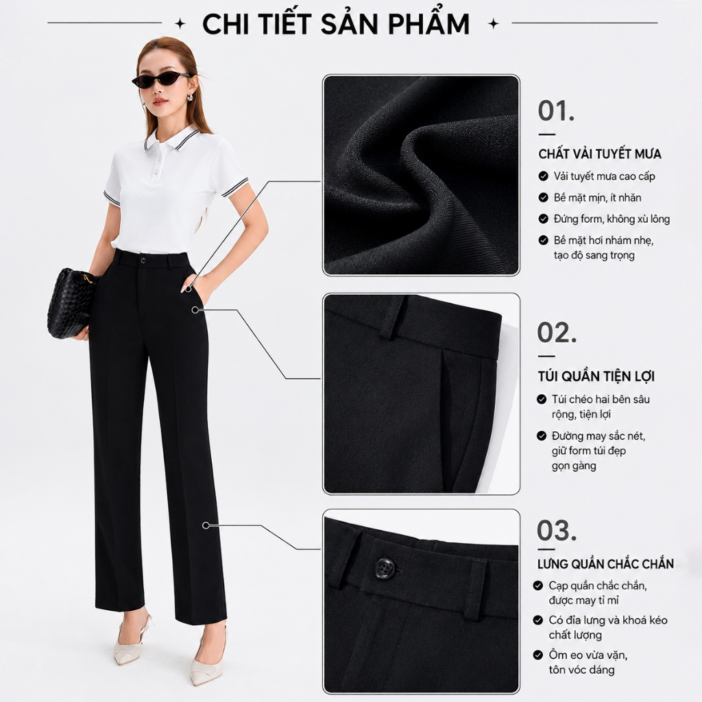 Quần Ống Đứng Nữ 95cm GUMAC Quần Tây Công Sở Lưng Cao Có Túi Vải Tuyết Mưa Cạp Cao Tôn Dáng LQF1002