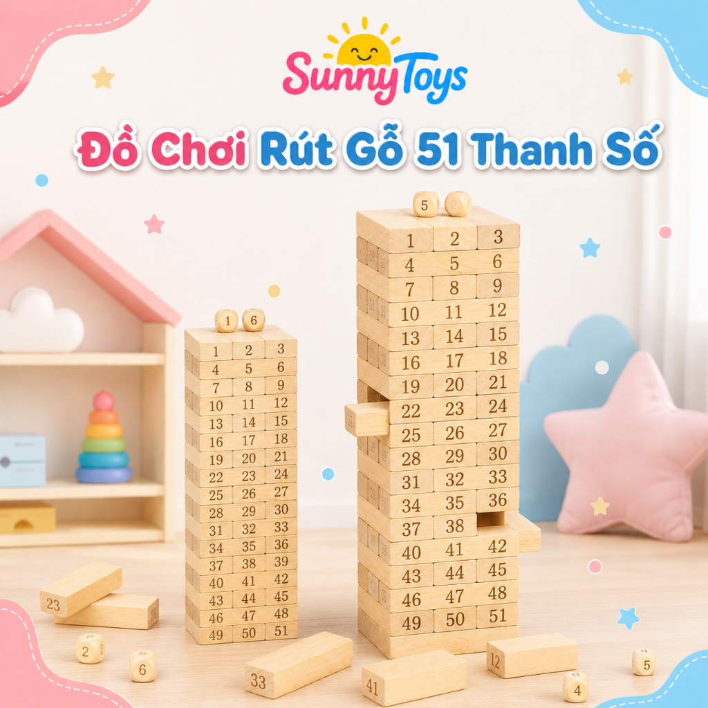 Tháp Rút Gỗ 51 Thanh SunnyToys - Trò Chơi Xếp Khối In Số Cho Bé Chơi Cùng Gia Đình