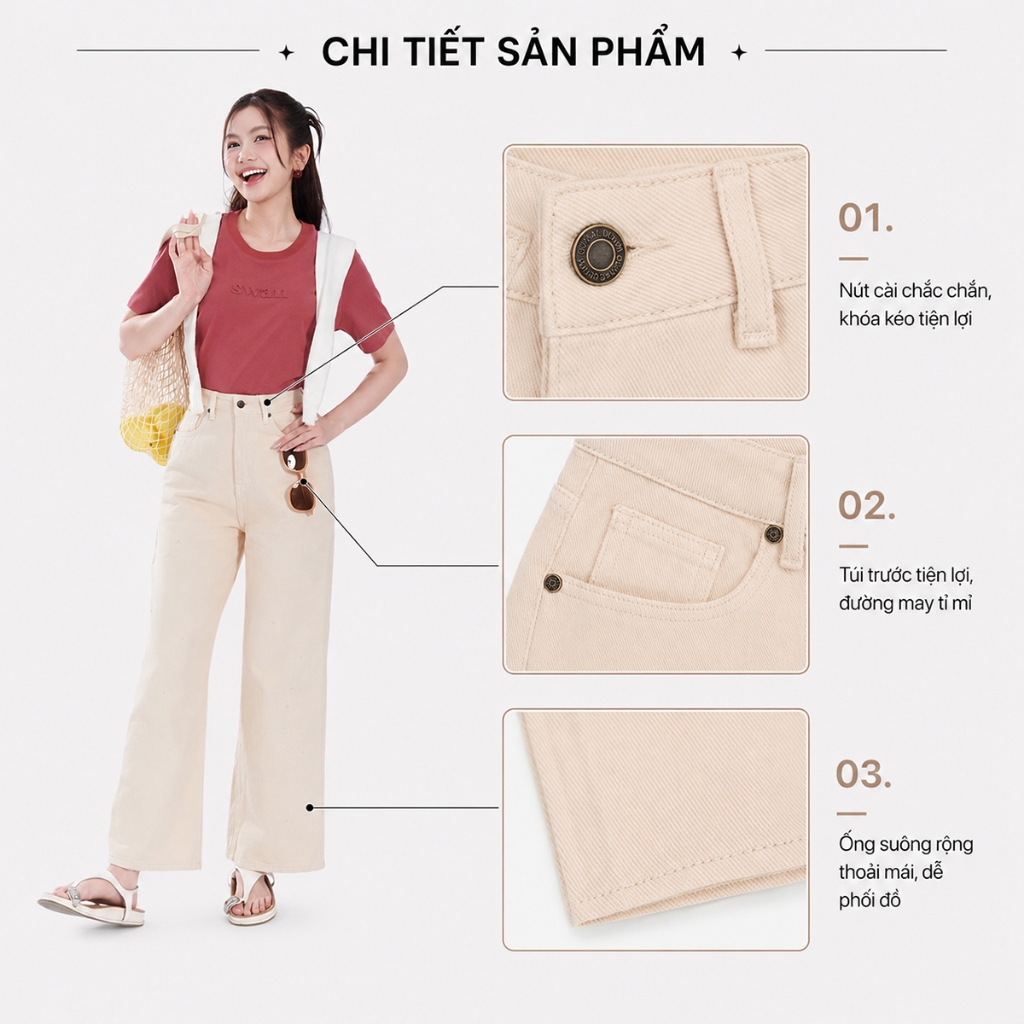 Quần jeans nữ GUMAC suông màu be denim mềm dày dặn thoáng mát thoải mái LQJG06096