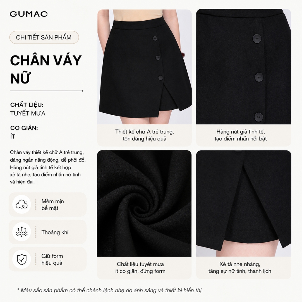 Quần Giả Váy Nữ GUMAC Quần Váy Công Sở Lưng Cao Vải Tuyết Mưa Xẻ Đắp Đính Nút Có Túi LSHF1201