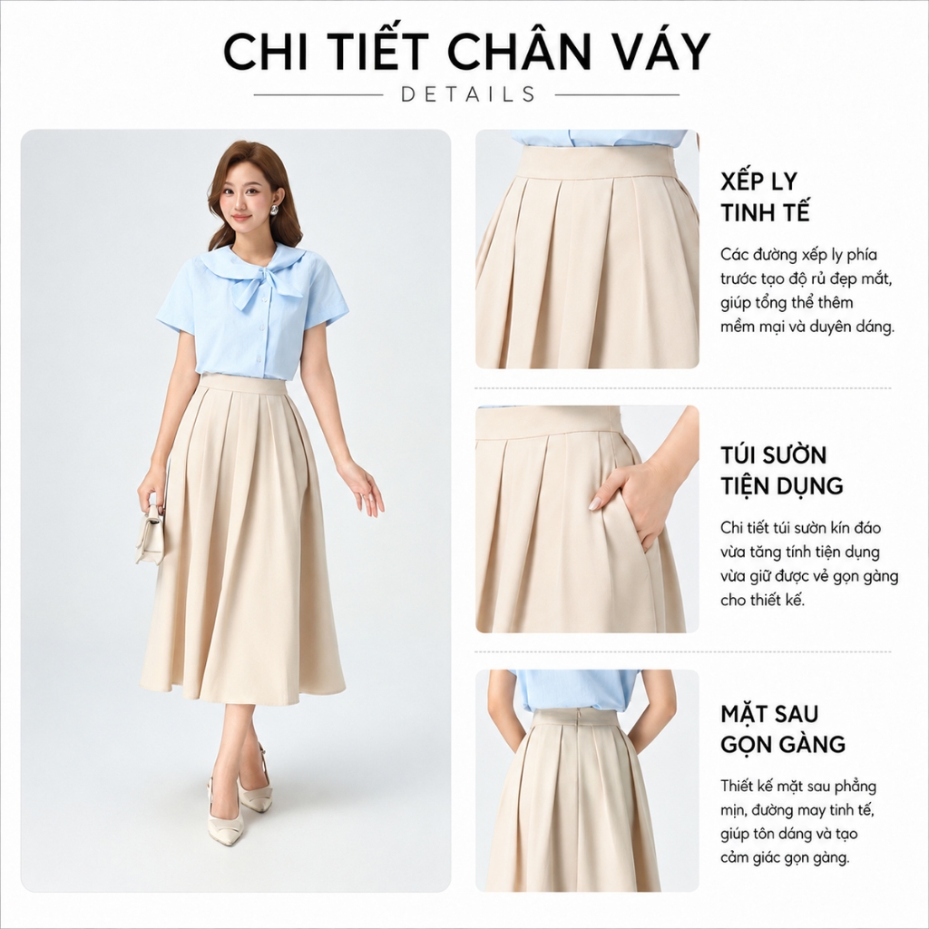 Chân Váy Xếp Ly Dáng Dài GUMAC Chân Váy Chữ A Lưng Cao Có Túi Vải Cotton Lạnh Cao Cấp LVE1001
