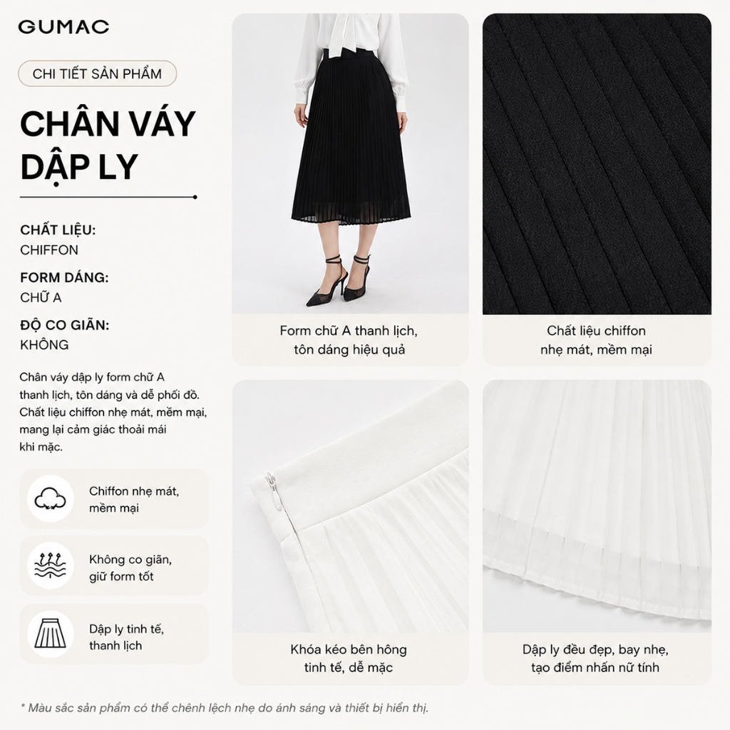 Chân Váy Nữ GUMAC Form A Dập Ly Chất Liệu Chiffon Thoáng Mát Cao Cấp LVF0821