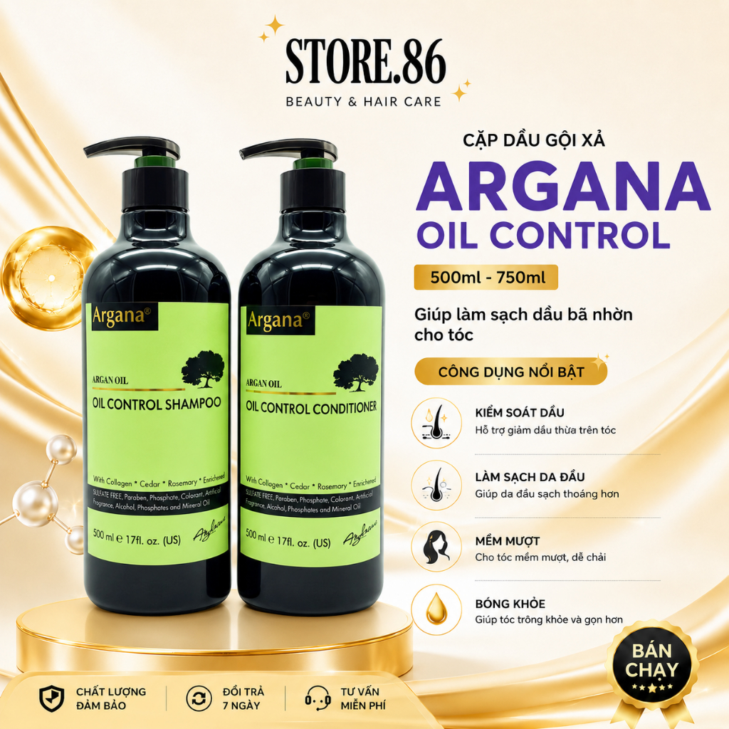 Cặp Dầu Gội Xả ARGANA Oil Control 500ml - 750ml | Sạch Thoáng Da Đầu, Cân Bằng Dầu & Tóc Mềm Mượt