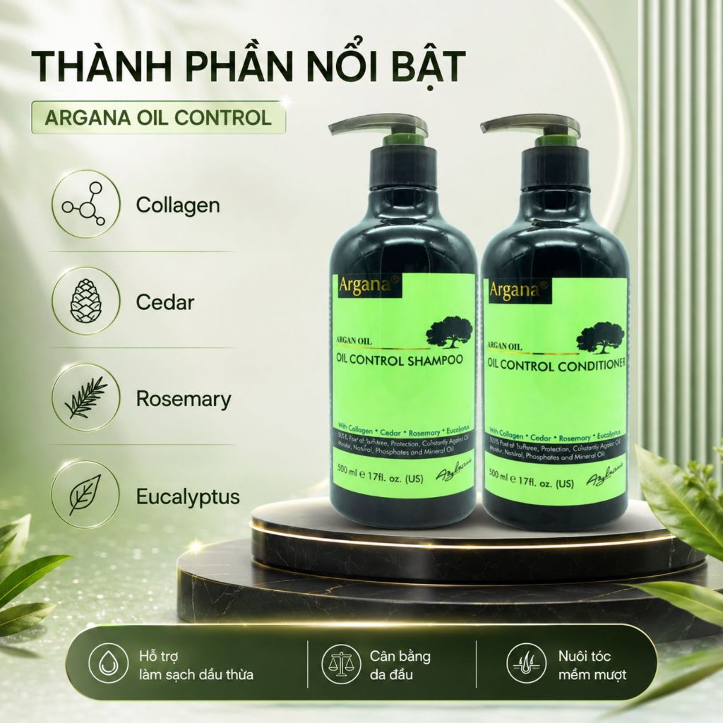 Cặp Dầu Gội Xả ARGANA Oil Control 500ml - 750ml | Sạch Thoáng Da Đầu, Cân Bằng Dầu & Tóc Mềm Mượt
