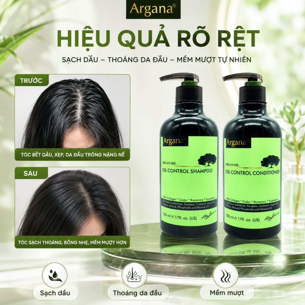 Cặp Dầu Gội Xả ARGANA Oil Control 500ml - 750ml | Sạch Thoáng Da Đầu, Cân Bằng Dầu & Tóc Mềm Mượt