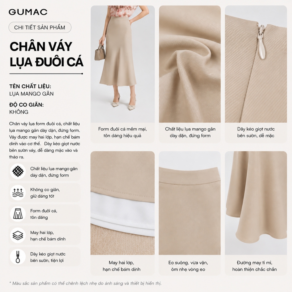 Chân váy lụa nữ form đuôi cá GUMAC có hai lớp dây kéo giọt nước chất liệu lụa mềm mịn LVG0415