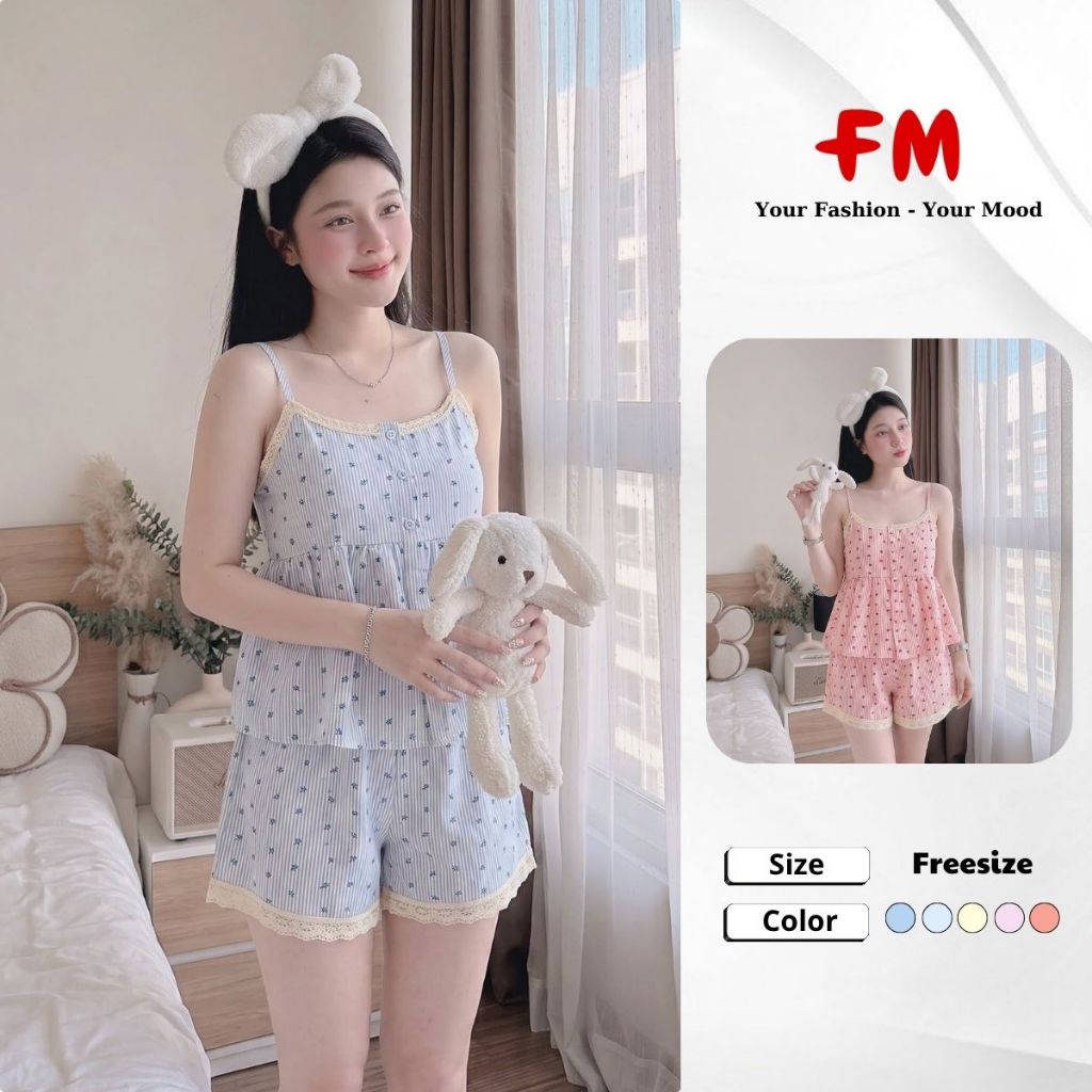 Đồ Bộ Nữ FMSTYLE Áo Hai Dây Viền Ren Quần Short Họa Tiết Dễ Thương 26060284