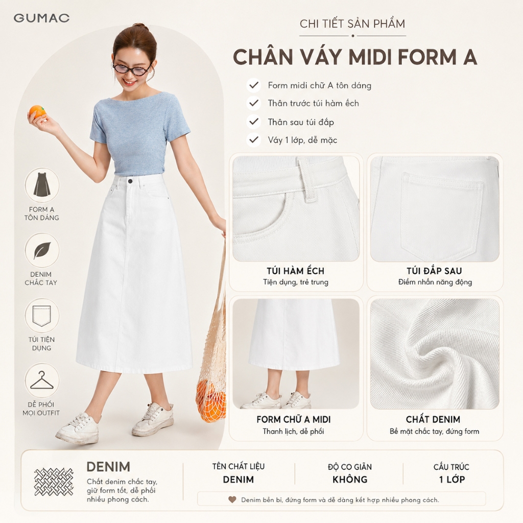 Chân Váy Jeans Nữ GUMAC Form A Dài Qua Gối Thanh Lịch Tôn Dáng Hiện Đại LVG06046