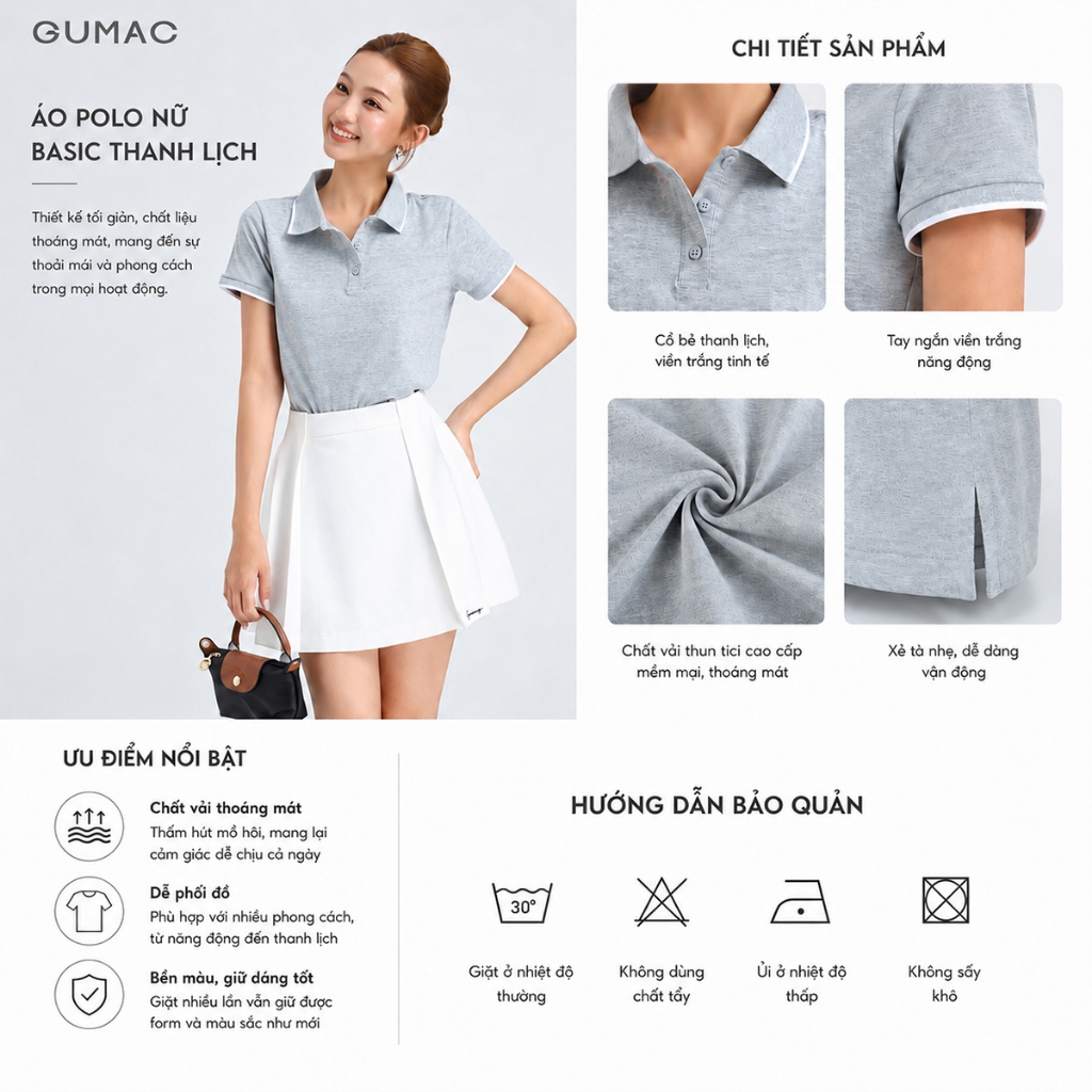 Áo Polo Nữ GUMAC Cotton TICI Áo Thun Có Cổ Tay Ngắn Thanh Lịch Công Sở Thể Thao PLE03028 - 6109