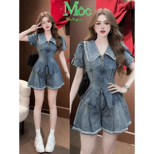Set bộ Jean, Set Jean QC áo cổ lá tay ngắn khoá kéo trước ngực mix quần ngắn xếp ly phối Ren lai_DX
