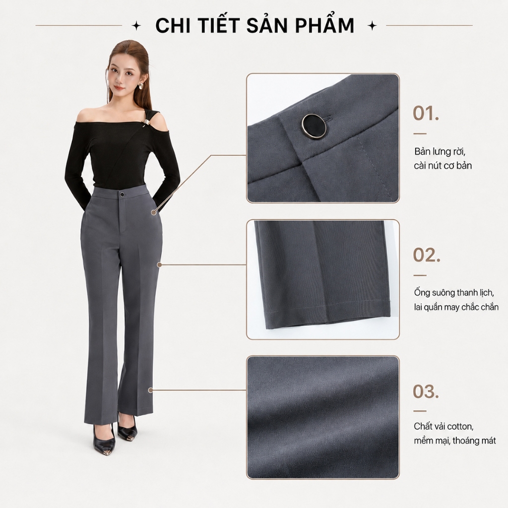 Quần Ống Suông Nữ 98cm GUMAC Lưng Cao Chất Cotton Công Sở Dáng Dài Cạp Cao Loe Nhẹ QE04001
