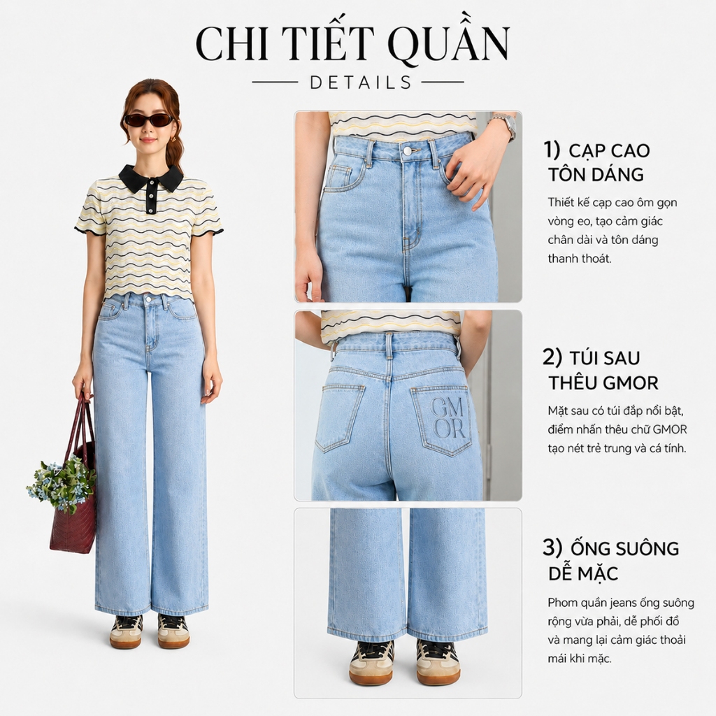 Quần Jeans Suông Nữ Gmorning - GUMAC Dài 95cm Denim Thêu Gmor Xanh Nhạt Tôn Dáng YQJE10080