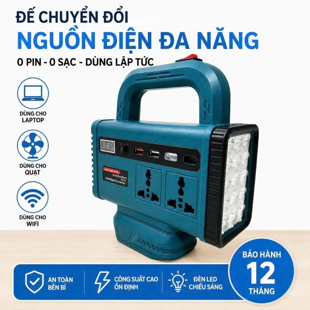 Đế Chuyển Nguồn Điện 21V Sang 220V – Chân Pin Phổ Thông M21 – Có Đèn LED – Sạc USB Type-C Công Suất 150W