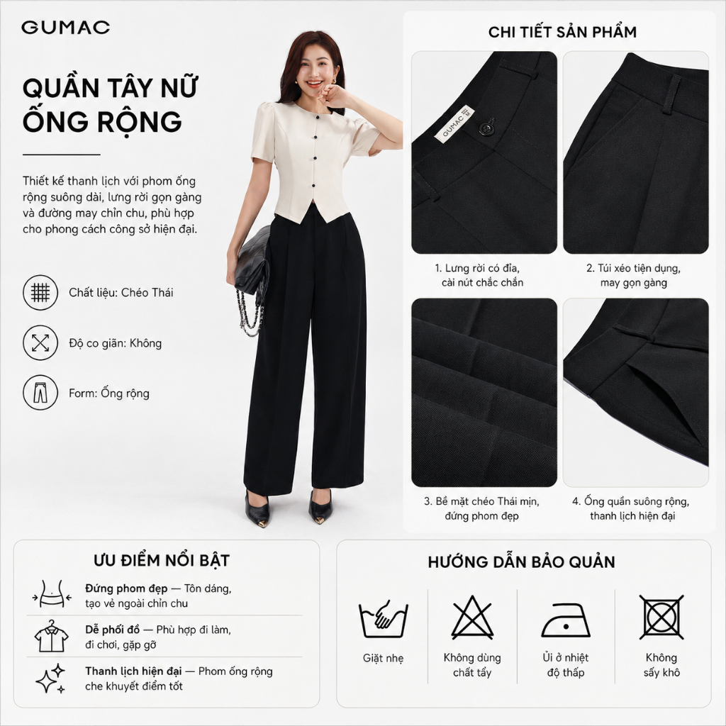 Quần Ống Rộng Nữ 98cm GUMAC Quần Tây Công Sở Lưng Cao Chiết Ly Vải Chéo Thái Cạp Cao Tôn Dáng LQF0906