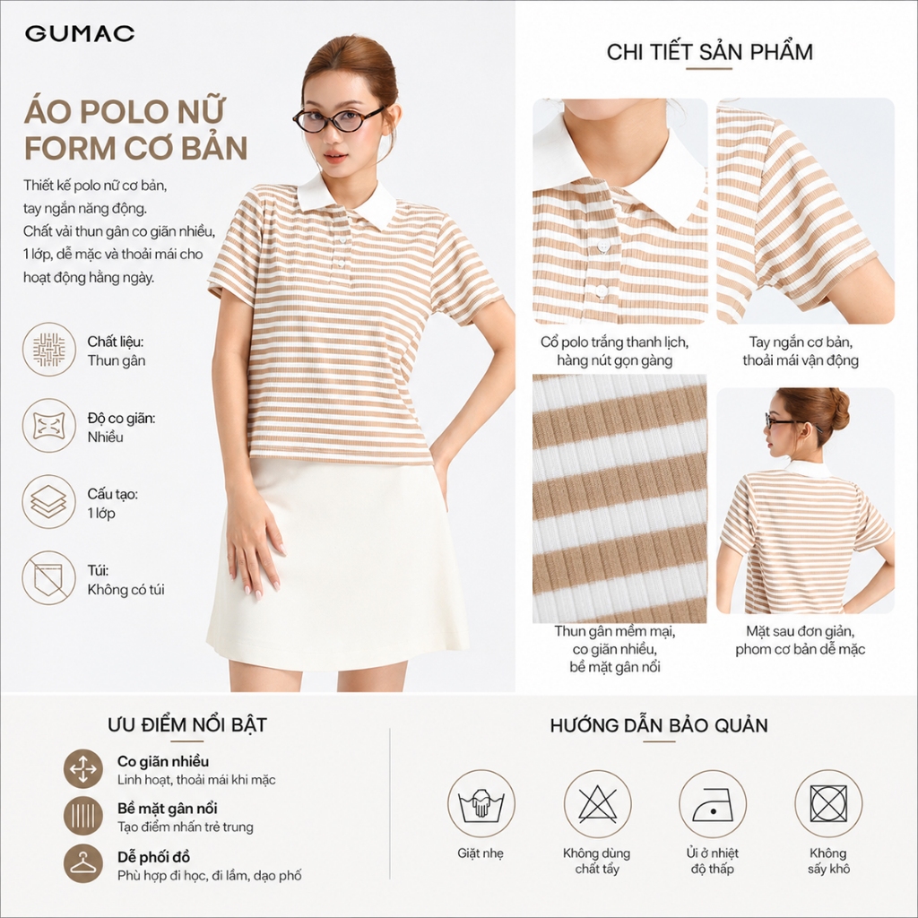 Áo Polo Nữ GUMAC Áo Thun Có Cổ Kẻ Sọc Ngang Chất Thun Gân Co Giãn Tay Ngắn Thể Thao Trẻ Trung LPLF1103 - 6109