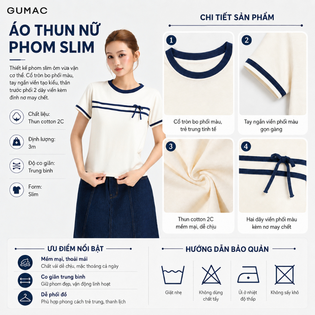 Áo Thun Nữ GUMAC Tay Ngắn Cổ Tròn Phối Bo Màu Đính Nơ Thanh Lịch LATF0423