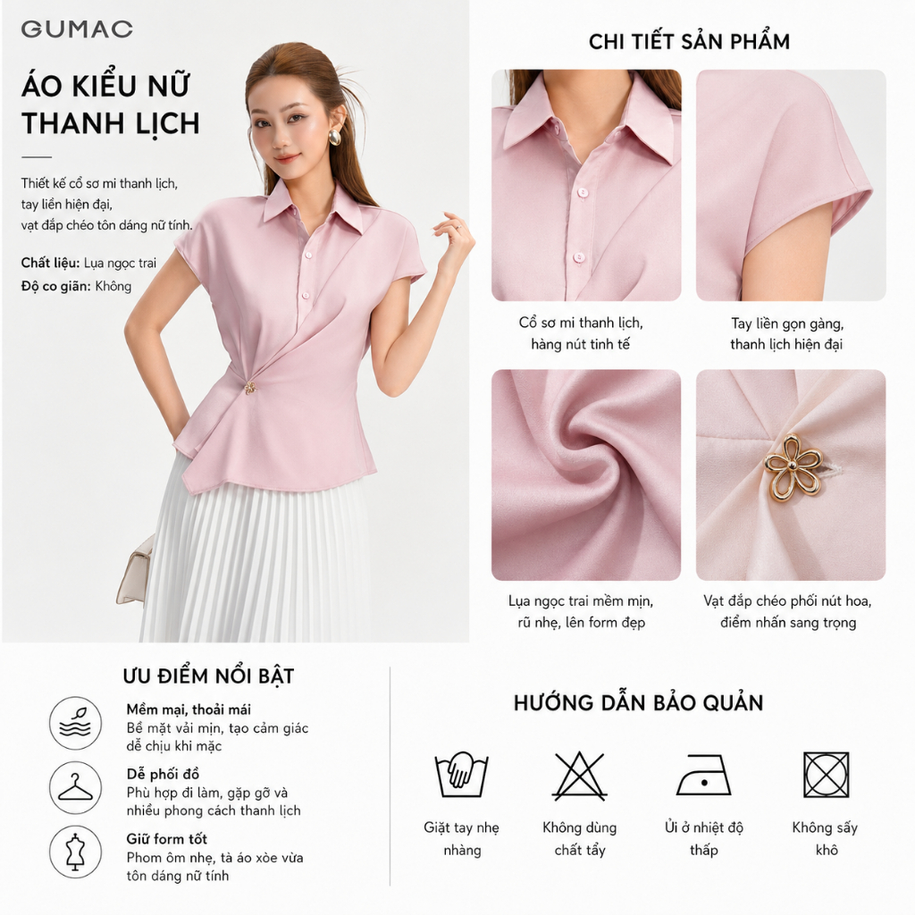 Áo Kiểu Nữ GUMAC Áo Sơ Mi Công Sở Peplum Vạt Đắp Tay Liền Chất Lụa Sang Trọng Thanh Lịch LAF1104