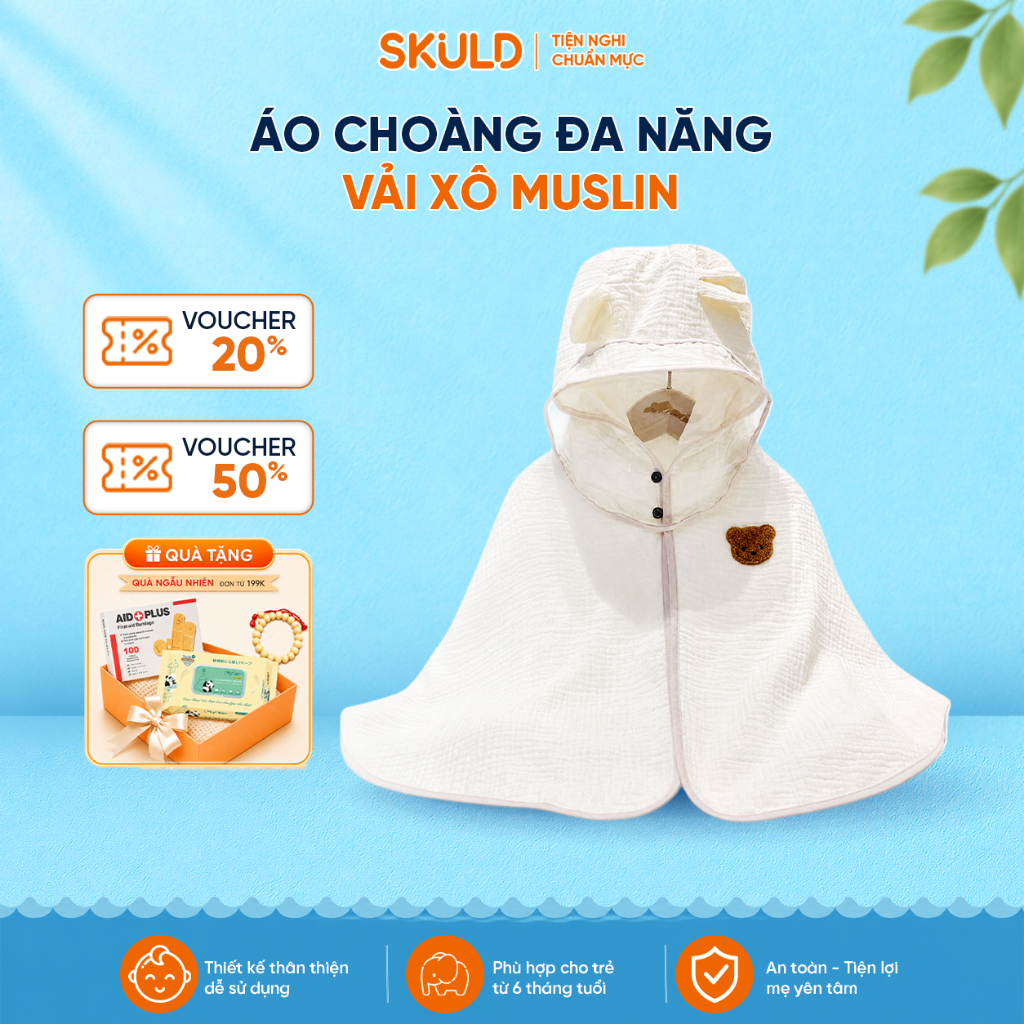 Áo Choàng Chống Nắng SKULD AC01 – Vải Xô Muslin Cho Bé 0–3 Tuổi, Kèm Kính Chắn Bụi, Cúc Bấm Tiện Lợi