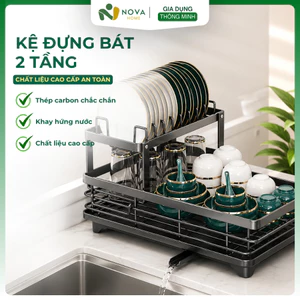 Kệ Úp Chén Bát 2 Tầng Thép Carbon Cao Cấp Kèm Khay Hứng Nước Chống Gỉ Gọn Gàng Cho Nhà Bếp