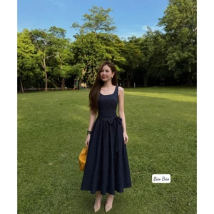 Váy Bò Lụa Chấm Bi Sát Nách Dáng Dài Thắt Nơ Eo, Đầm Maxi Denim Nữ Vintage Đi Chơi - CHAMIE STUDIO