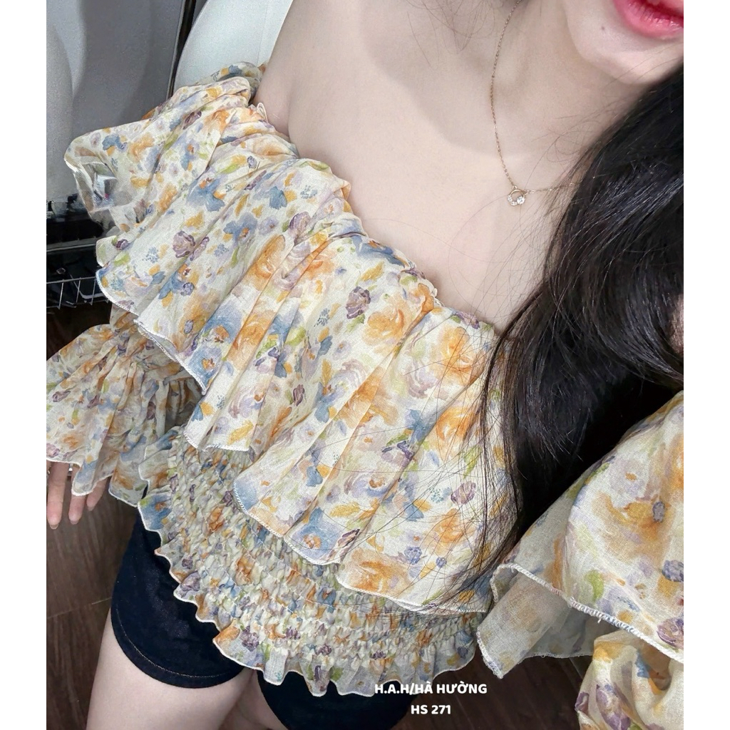 Áo trễ vai hoa phối chun bèo mix đồ siu xinh