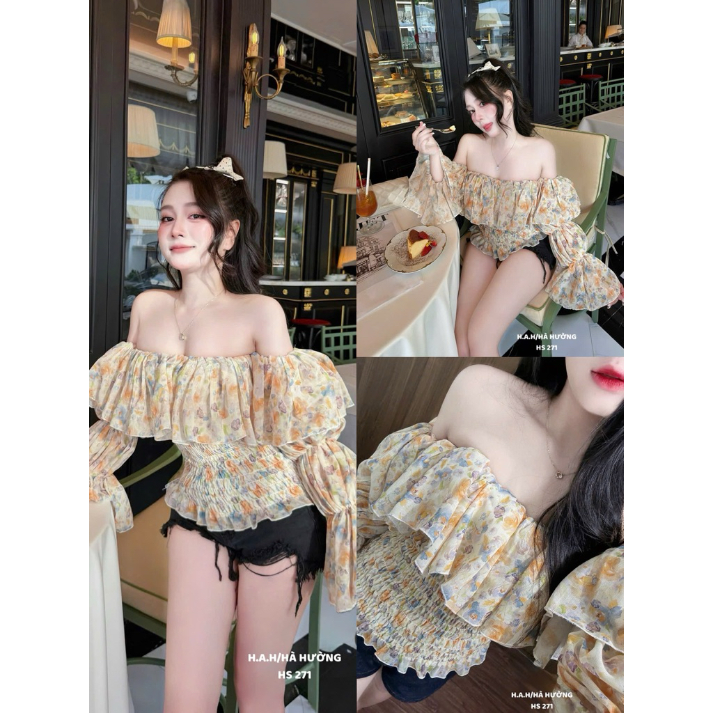 Áo trễ vai hoa phối chun bèo mix đồ siu xinh