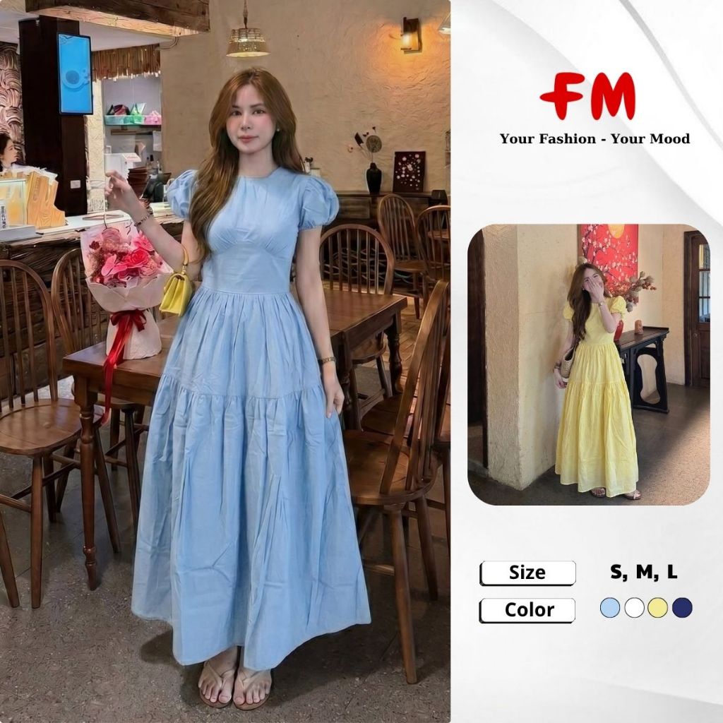 Váy Đầm Maxi Nữ FMSTYLE Cổ Tròn Tay Phồng Chiết Eo Dáng Xòe Tiểu Thư 26040507