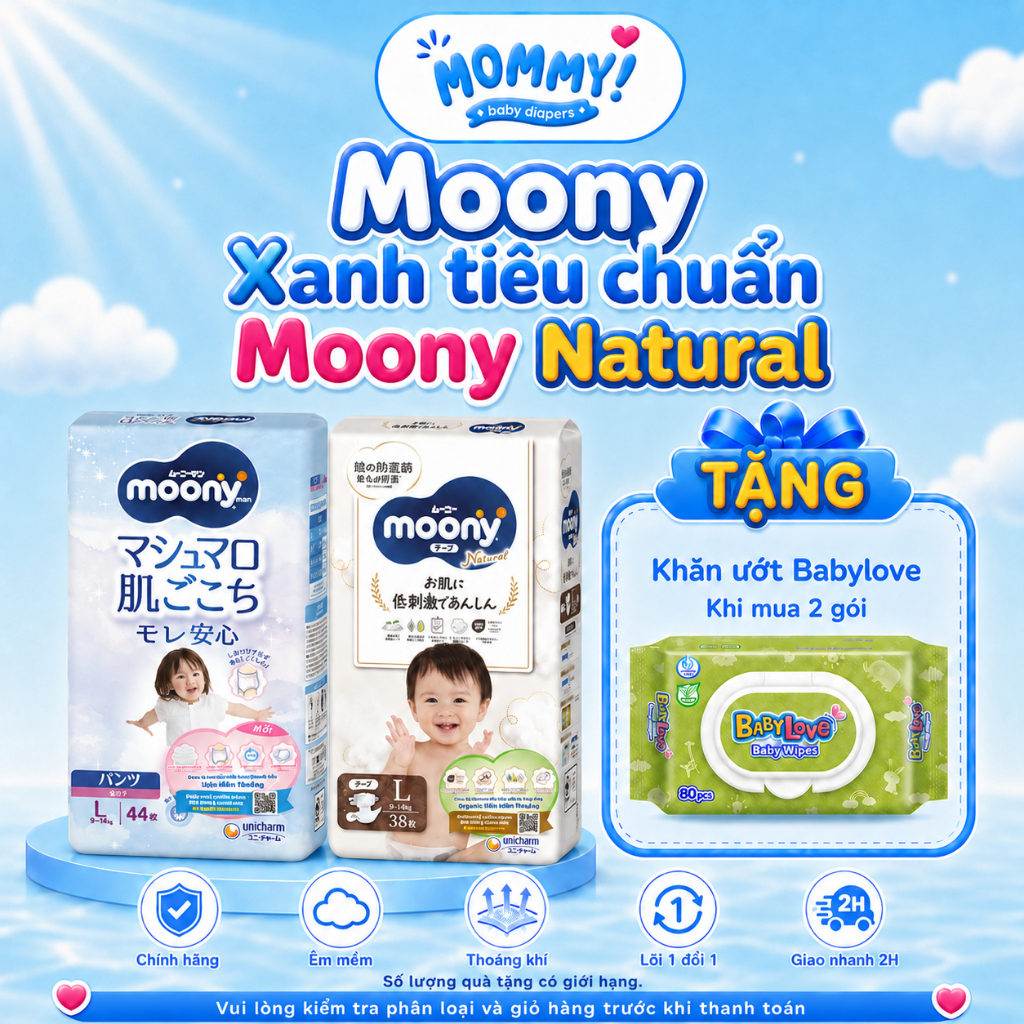 Bỉm /Tã dán quần Moony Cộng miếng/ Natural / Tiêu chuẩn  đủ size Nb96/S84/M58/ L54/ L44/ Xl44