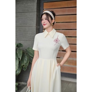 Đầm Nữ 𝐂𝐂𝐇𝐀𝐓 Dáng Xòe Thêu Hoa Trang Trí Chất Liệu Tằm Mềm Mại 16VNS9014XT