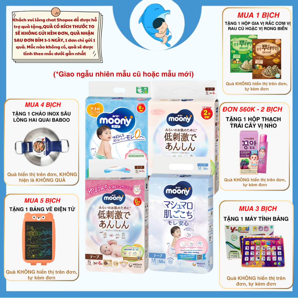 Tã/Bỉm Moony dịu nhẹ quần, dán đủ sizeNB60/S54/M46/L38/L36/XL32 cho bé 0-22kg MECAHEO